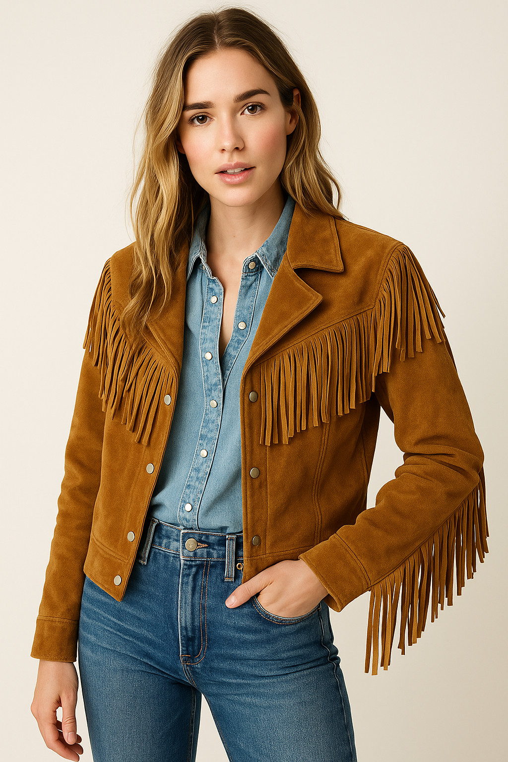 Western Suede Leather Fringe Jacket, American Style, V-Neck, Front Pockets, Tan