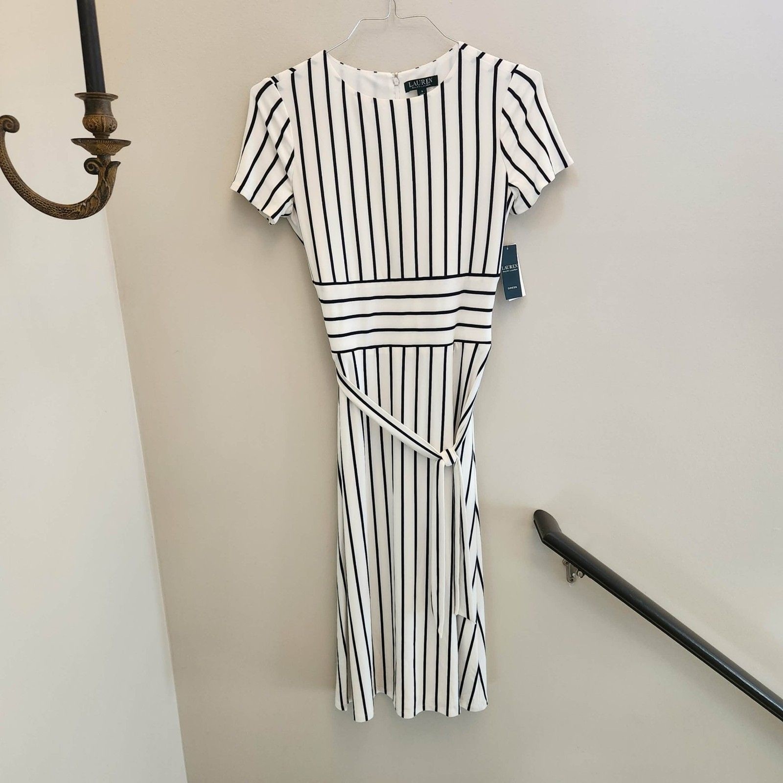 Ralph Lauren Striped Jersey Dress Navy Midi NWT $125 MSRP Nautical Old Money