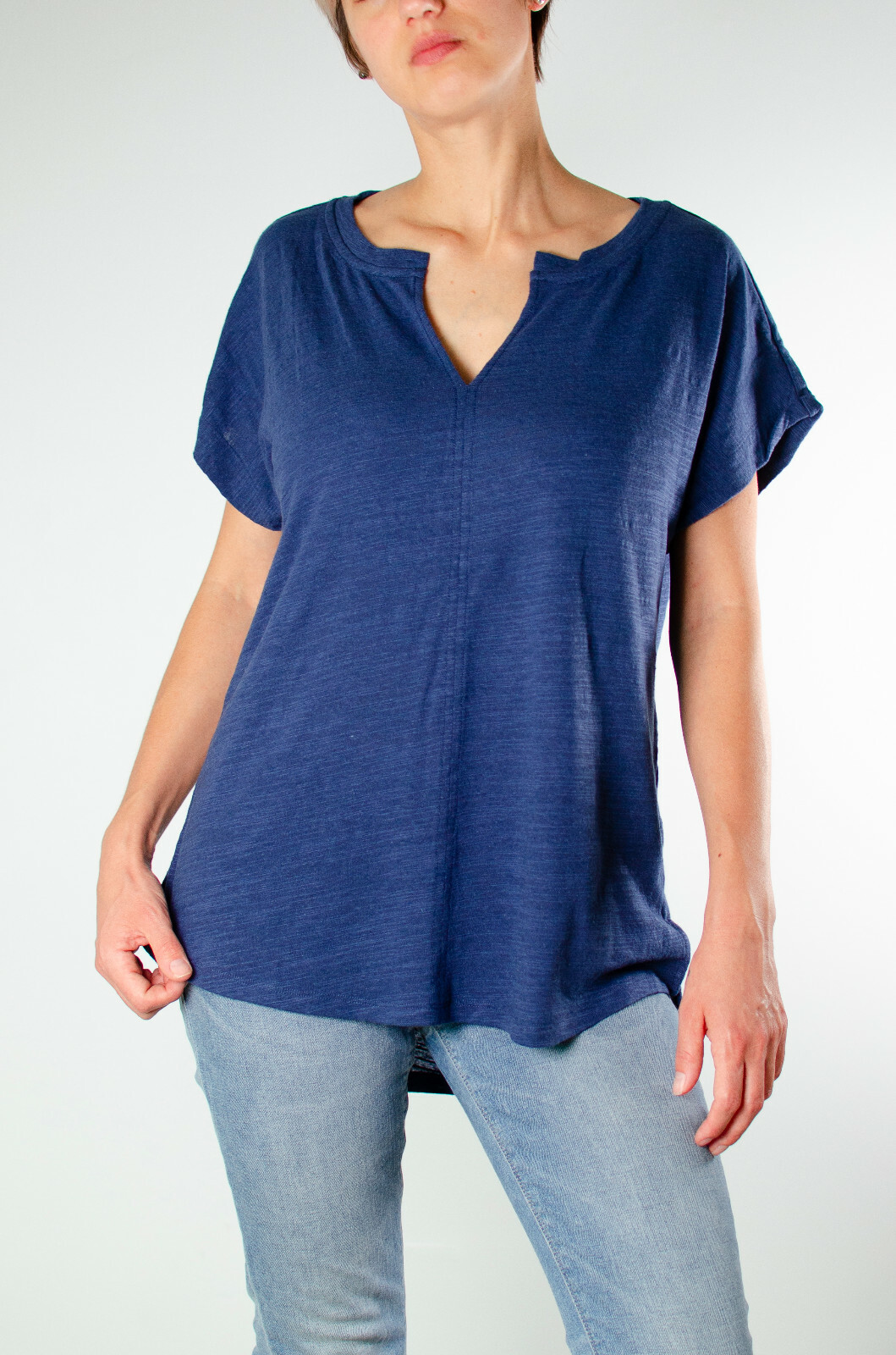 ANTHROPOLOGIE WOMEN’S NAVY SPLIT NECK SHORT SLEEVE HI-LOW TUNIC TOP Sz XL