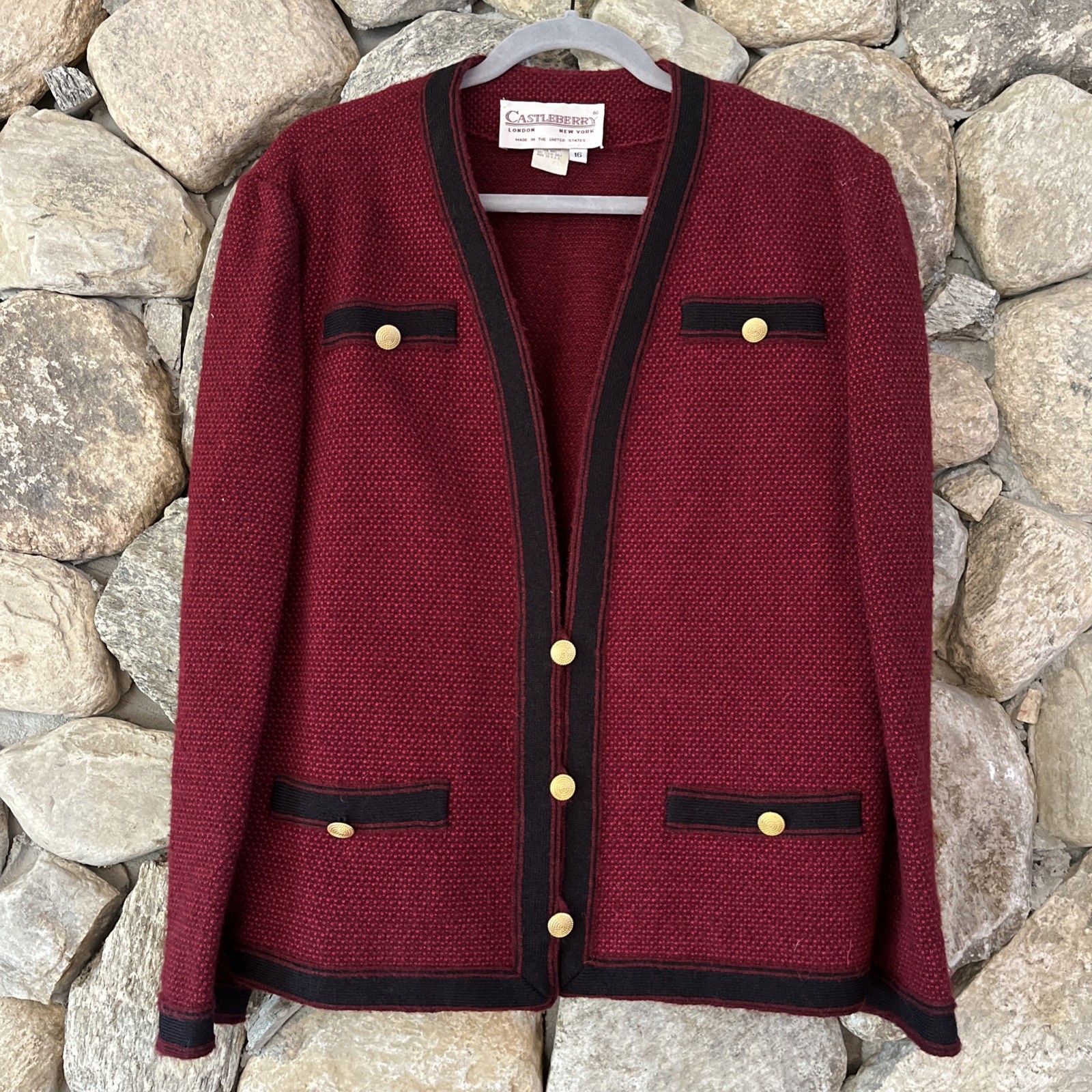 Castleberry Cranberry Red Black Knit Wool Blend Skirt Suit Set Jacket Top 3 Pcs