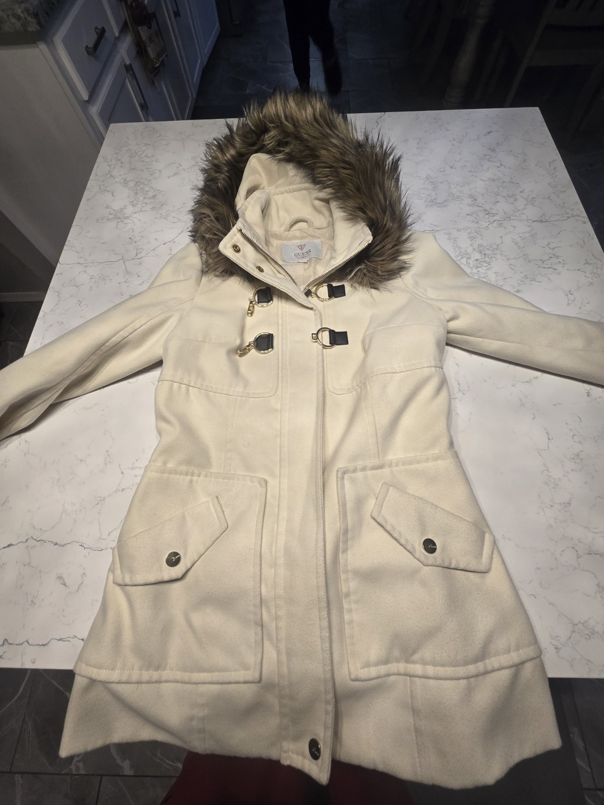 GUESS Women Cream Duffle Peacoat Jacket Hooded Faux FurToggle Winter Coat Size M