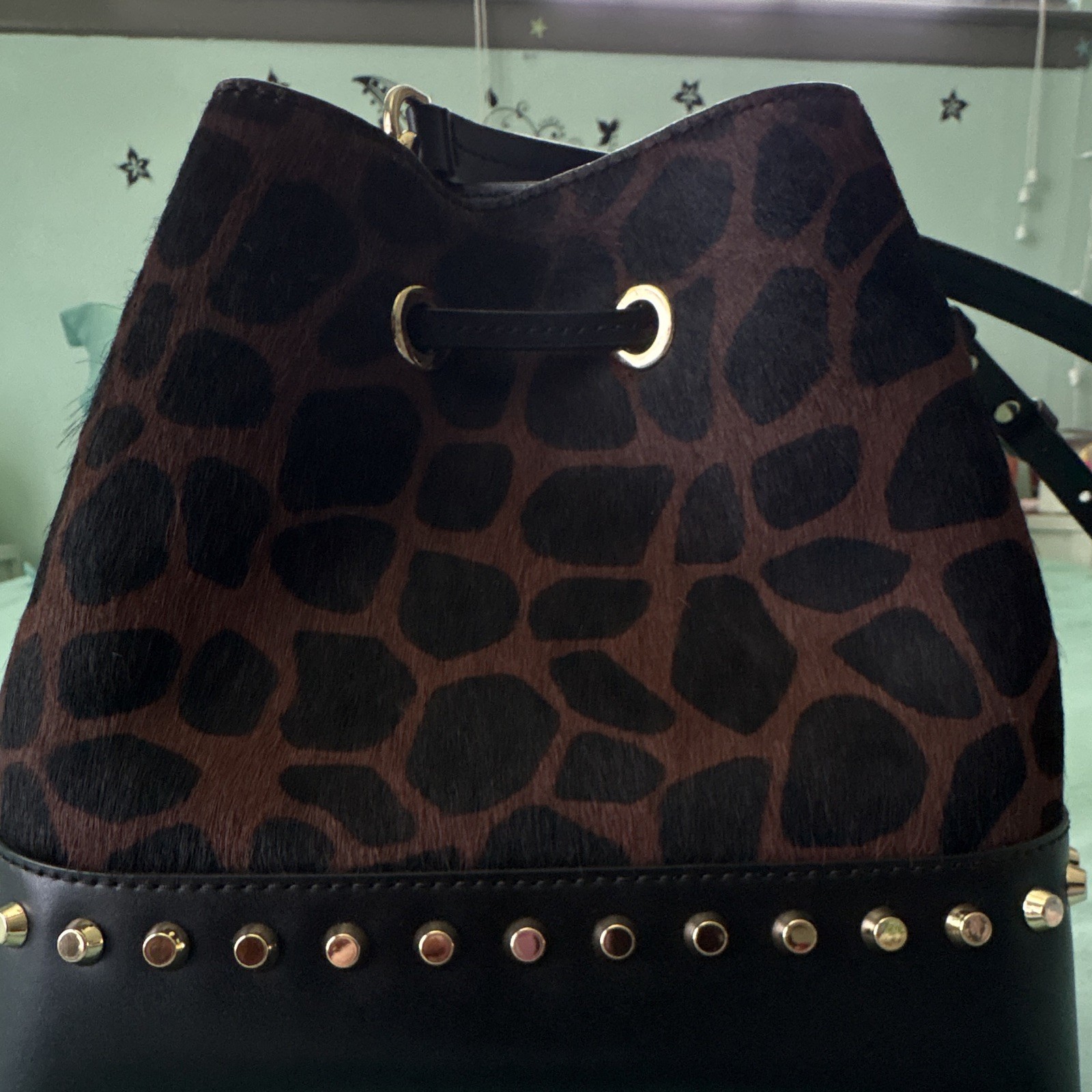 Michael Kors Brown/Black Animal Print Bucket Drawstring Studded Crossbody Bag