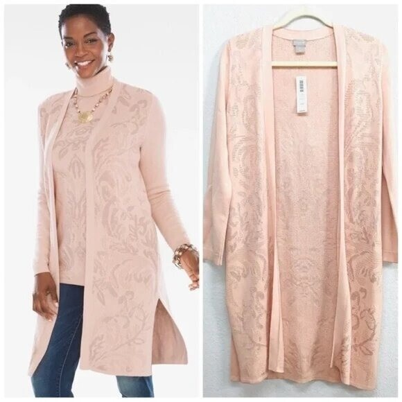 Chico’s NEW Long Boho Tonal Jacquard Cardigan Size 3/XL Peach