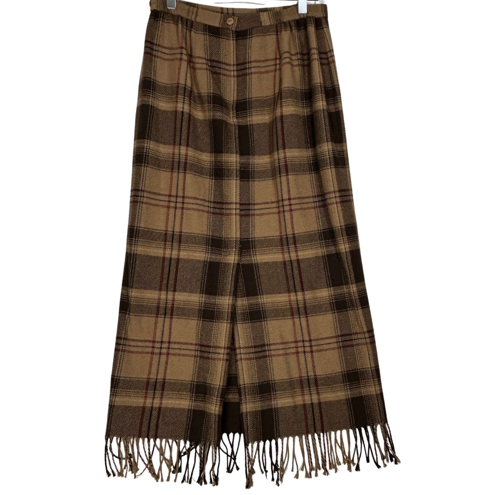 Requirements Plaid Fringe Skirt Womens 10 Brown Wool Blend Academia