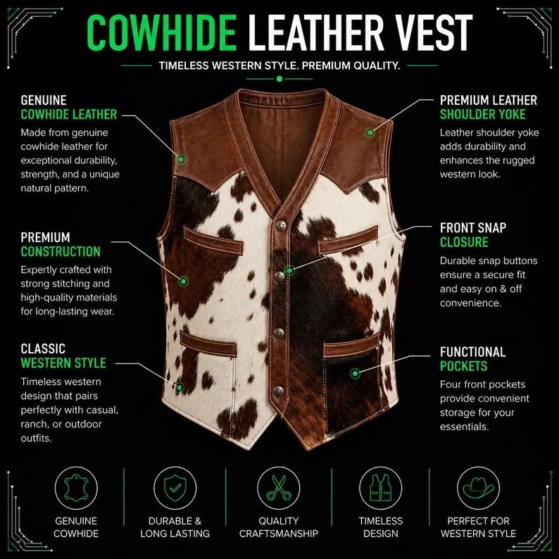 Handmade Cow Hide Leather Vest Brown White Yoke Snap Cowboy Waistcoat