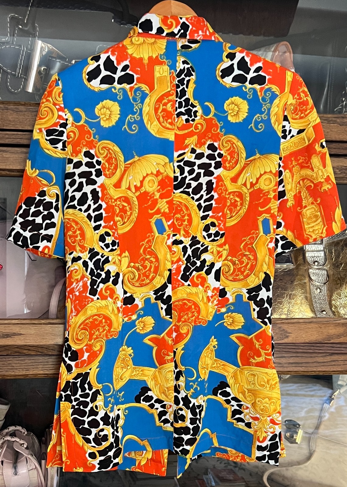 Women Abstract Multicolor Shoulder Padded Collared Short Sleeve Blouse