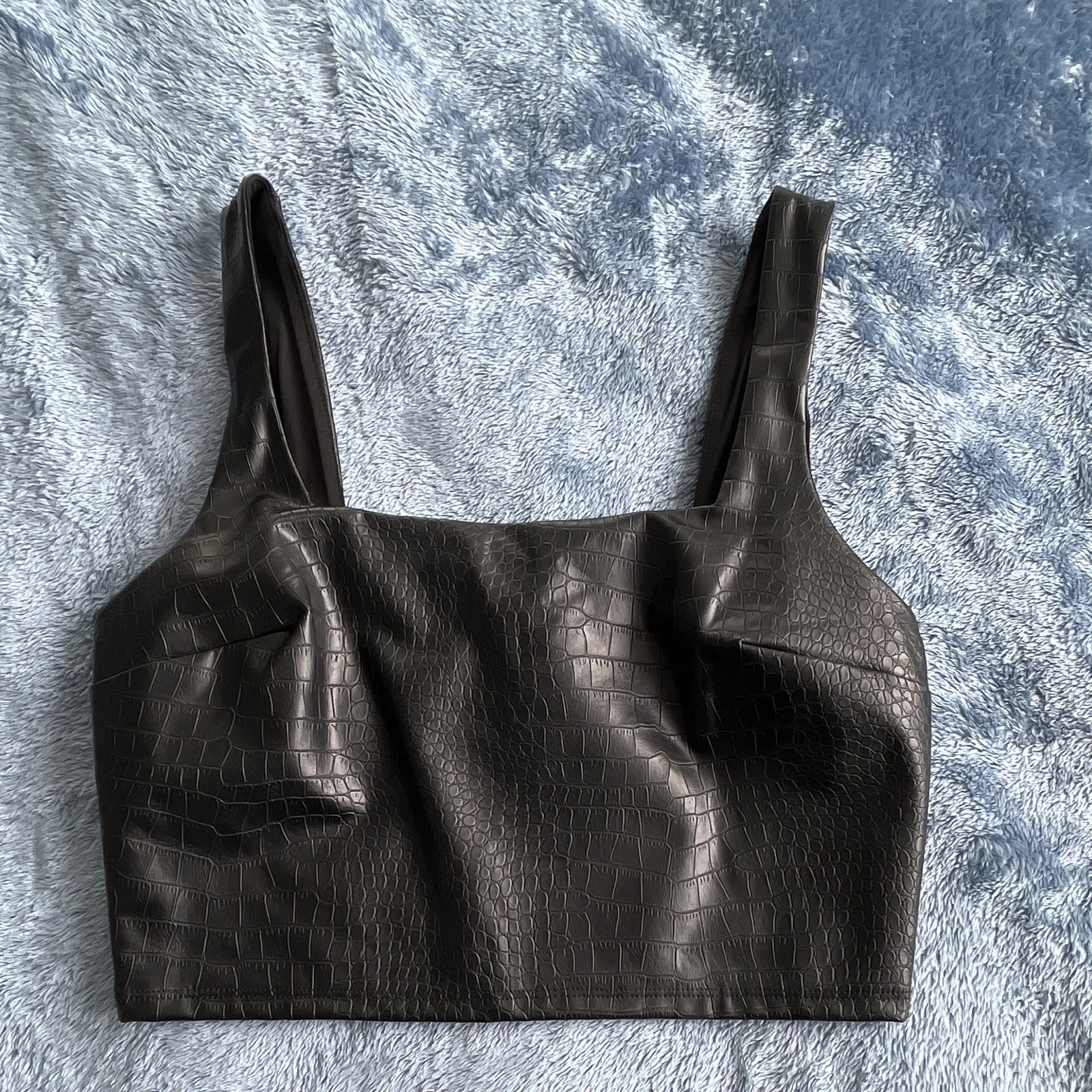 Express Body Contour Black Croc Embossed Faux Leather Crop Top S Square Neck