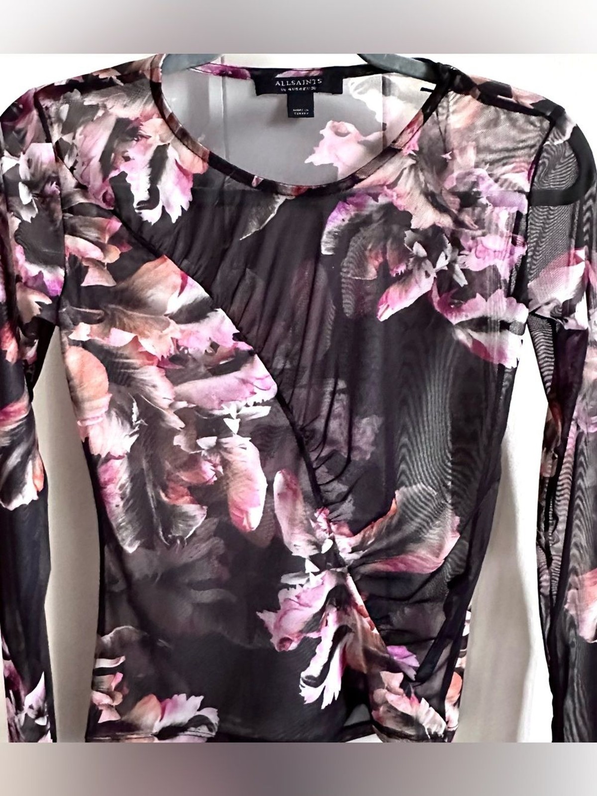 AllSaints Floral Mesh Ruched Top NWT XS Sheer Long Sleeve