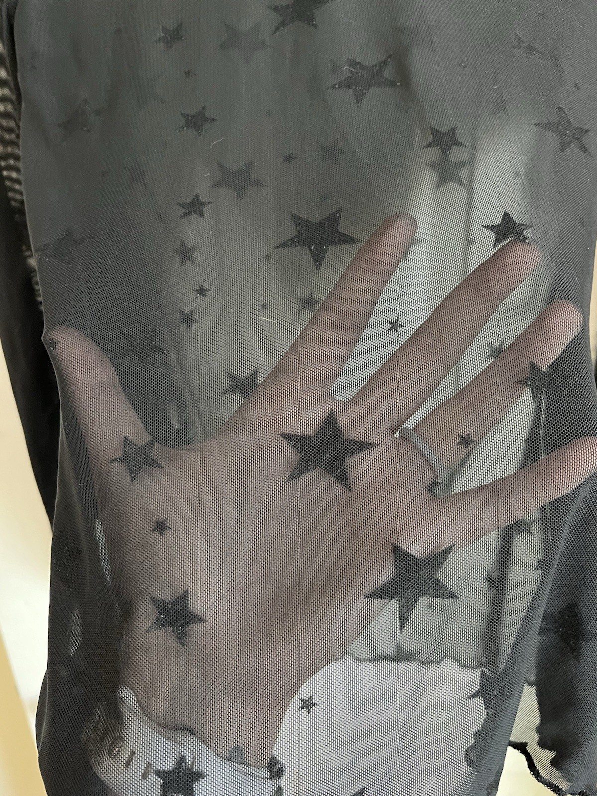 Women’s Size S Black Sheer Mesh Mock Neck Long Sleeve Star Print Ruffle Top
