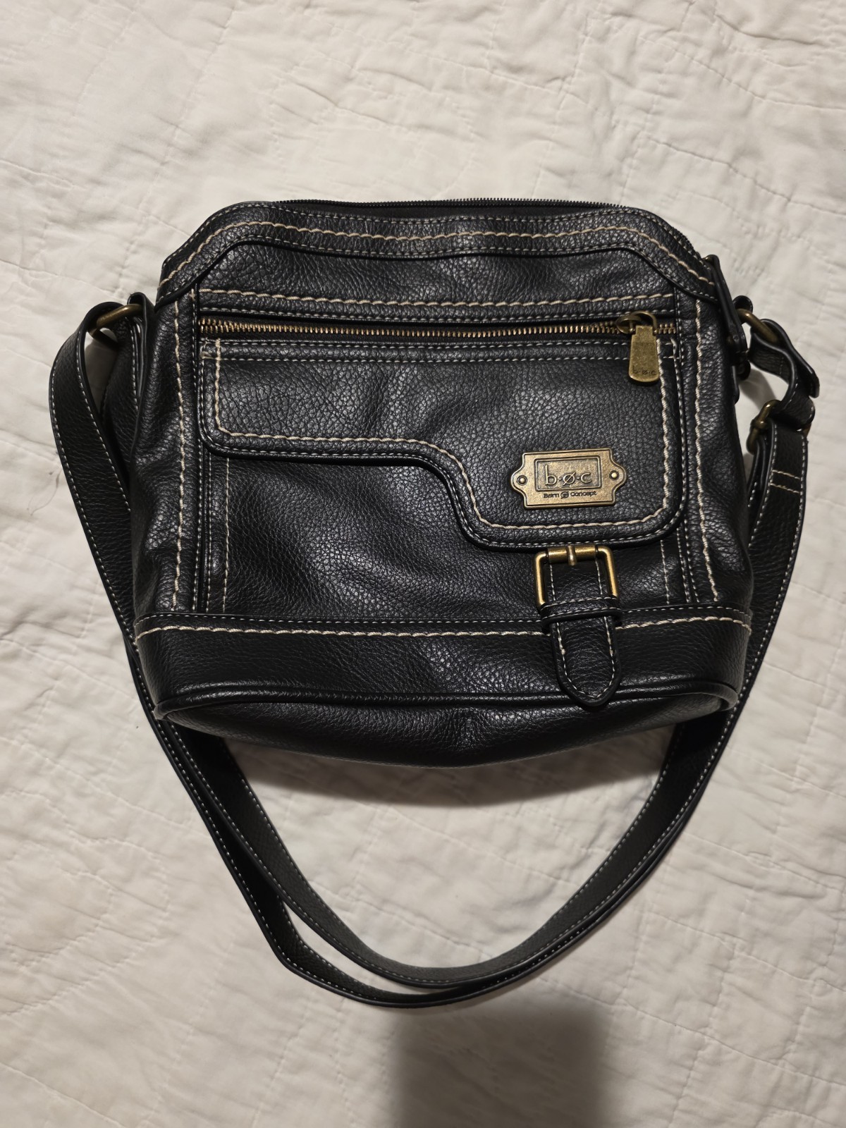 B.O.C. Black Faux Leather Satchel Shoulder Bag Buckle Accent Medium