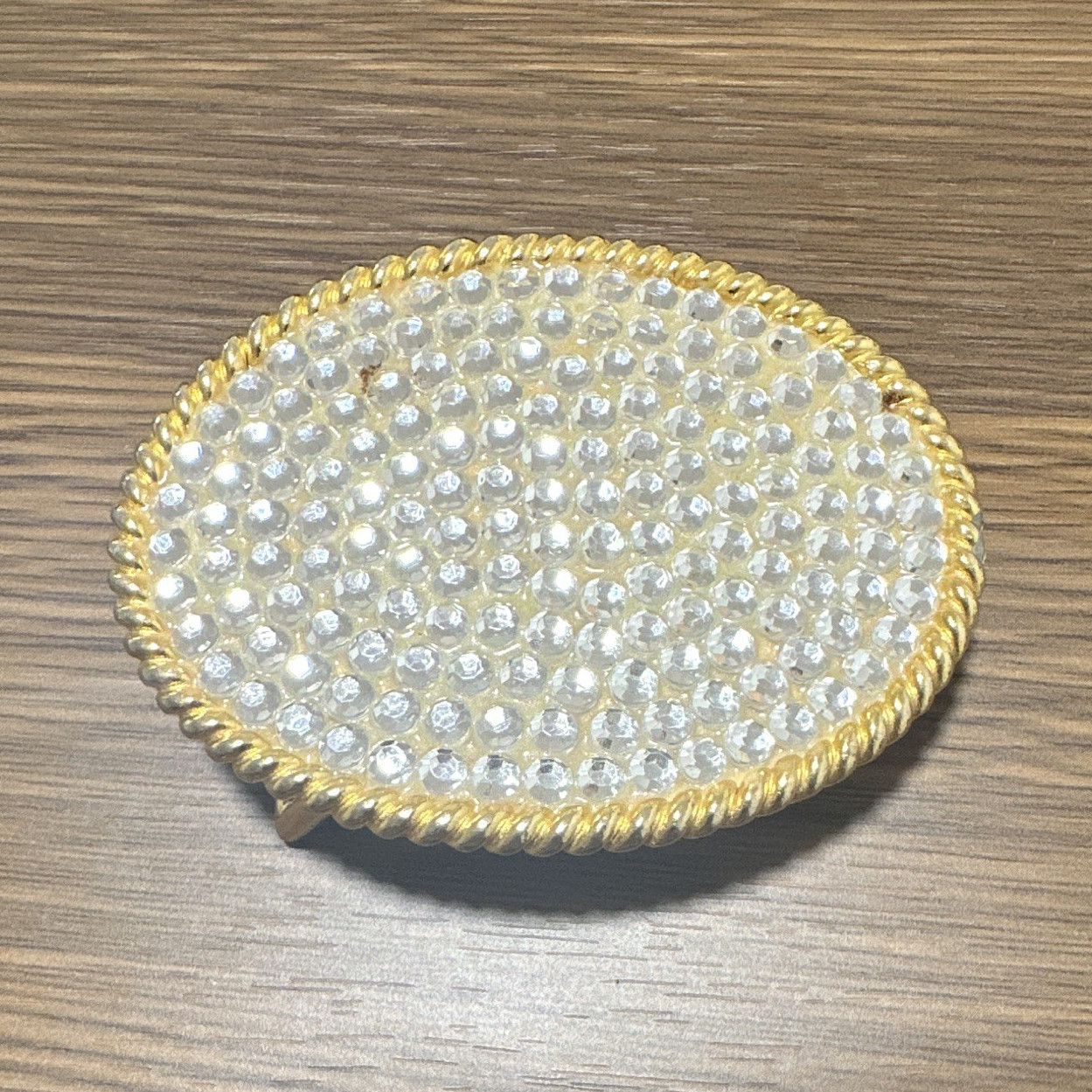 Oval Gold Tone Clear Rhinestone Bling Textured Metal Belt Buckle 1.5″