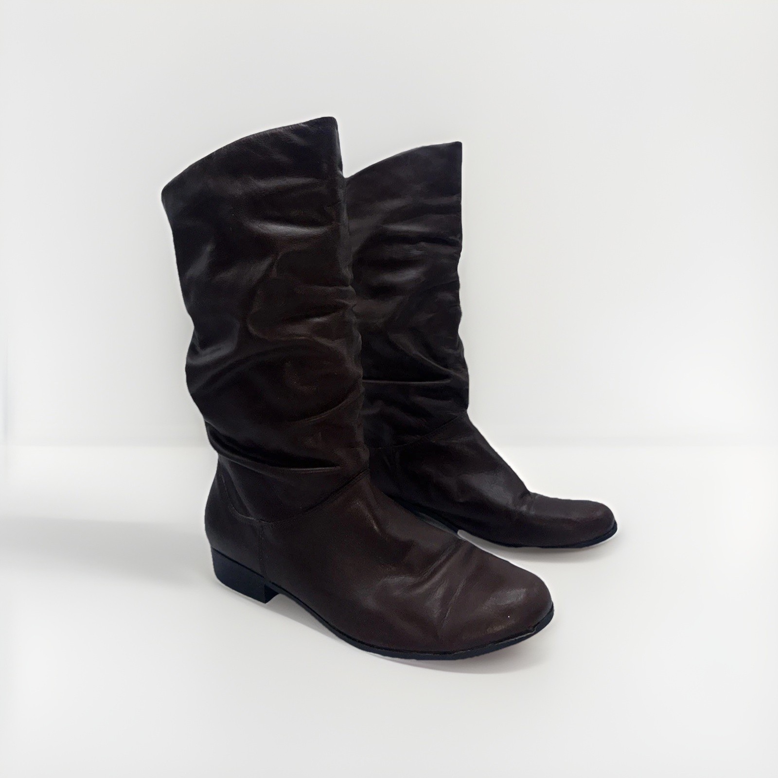 Women’s Brown Leather Mid Calf Boots Size 9M Flat Casual Riding Boots