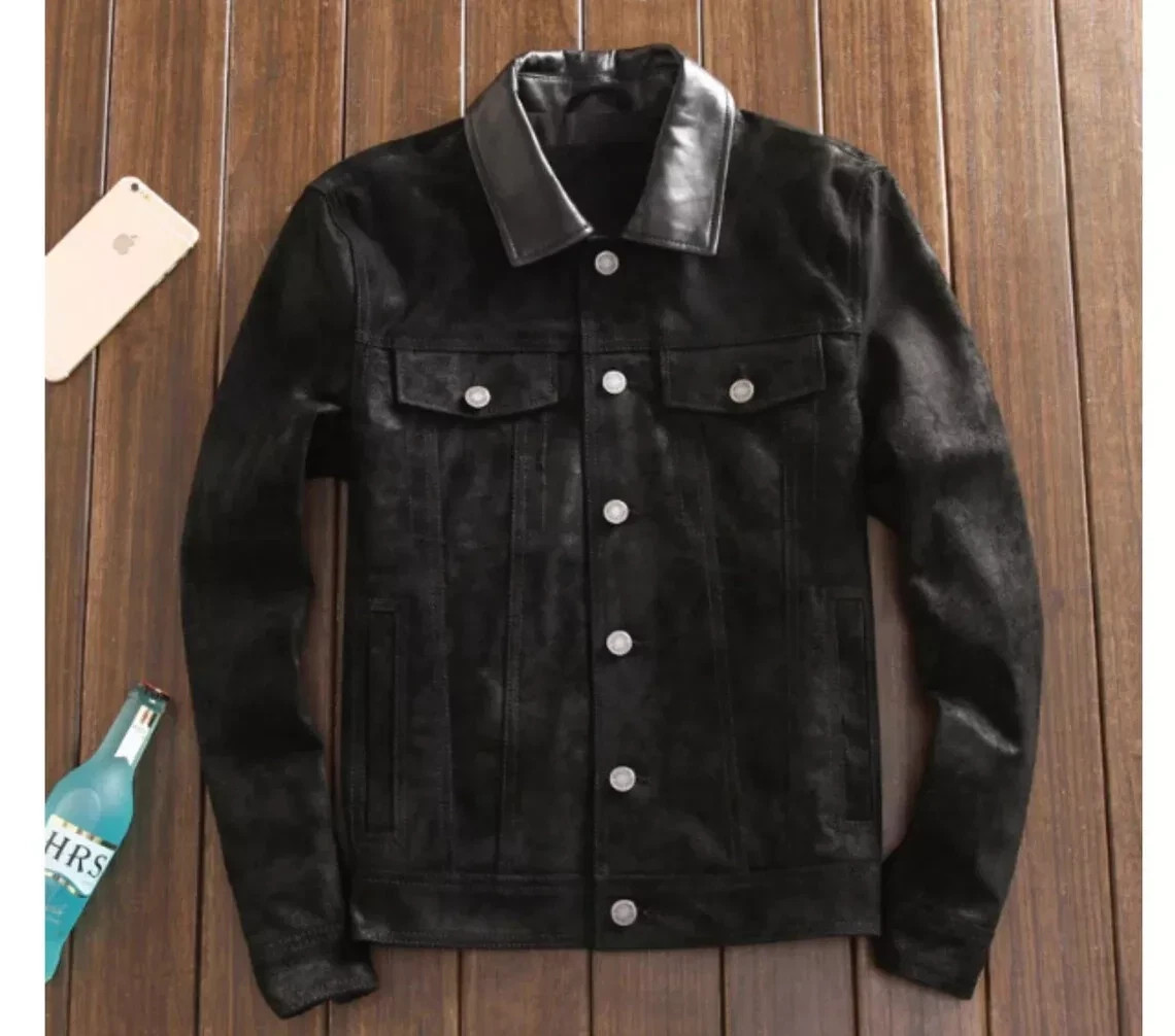 Black Leather Trucker Jacket for Men Pure Suede Custom Made Size S M L XXL 3XL