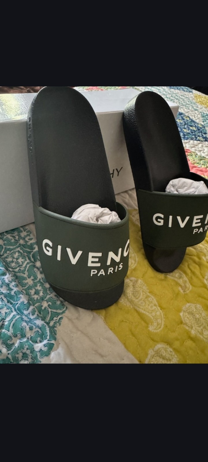 Women’s Givenchy Logo-Embossed Pool Rubber Slides in Black and Green Size 39