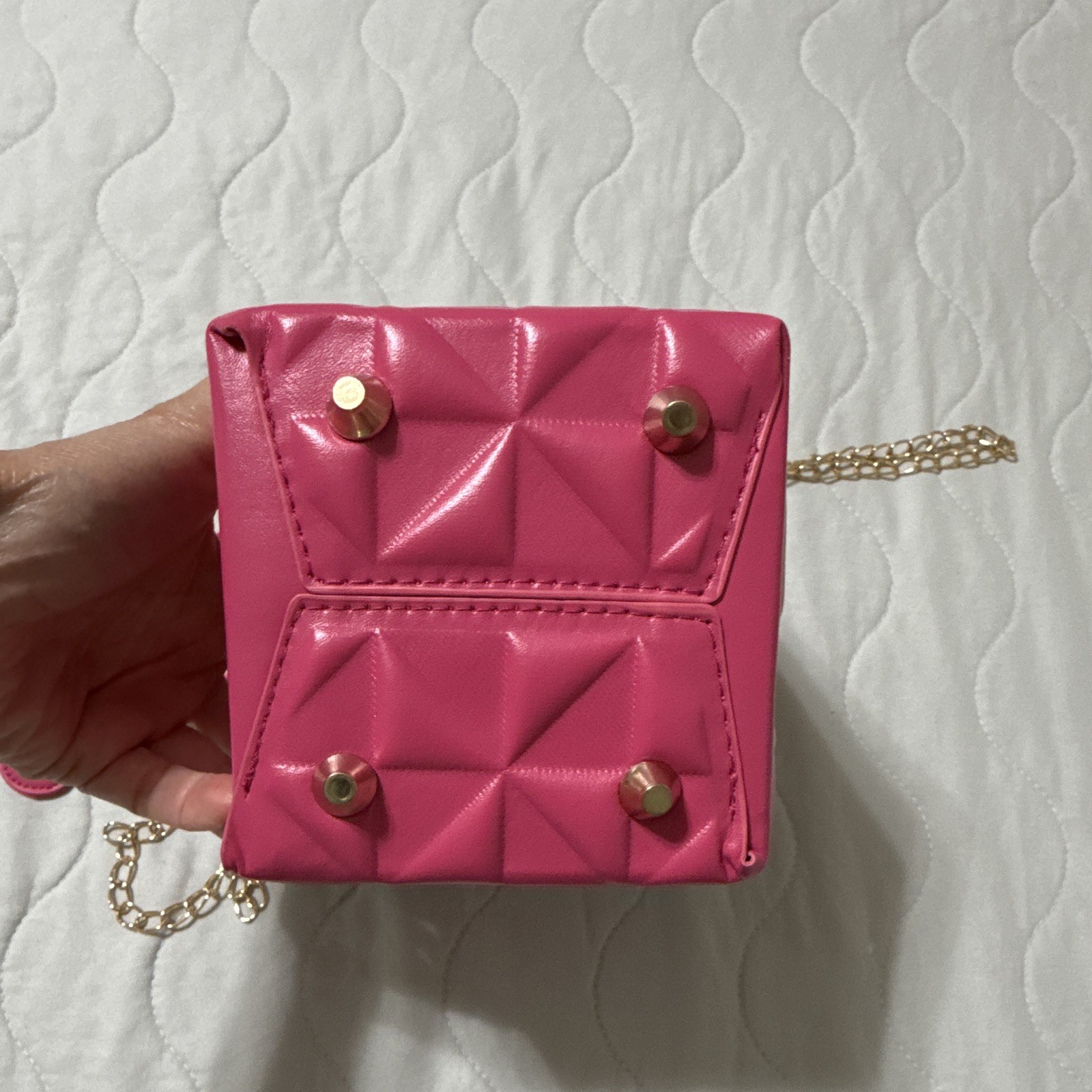 Pink Quilted Mini Crossbody Bag Drawstring Closure Gold Chain Detachable Strap