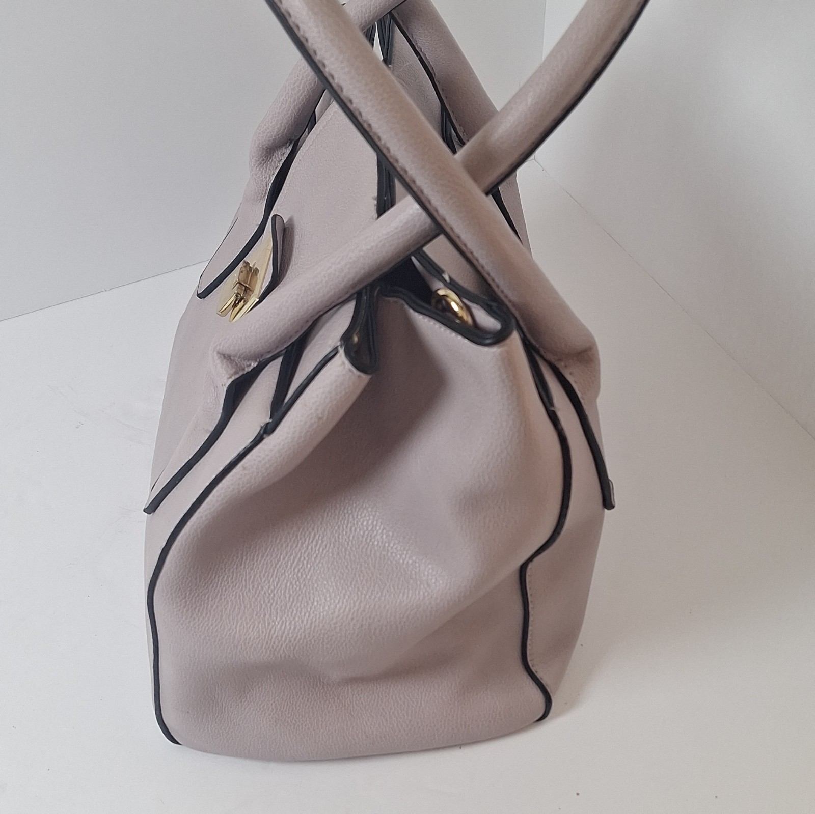 Beige Pebbled Satchel Top Handle Bag Gold Turn Lock Buckle Accent Solid
