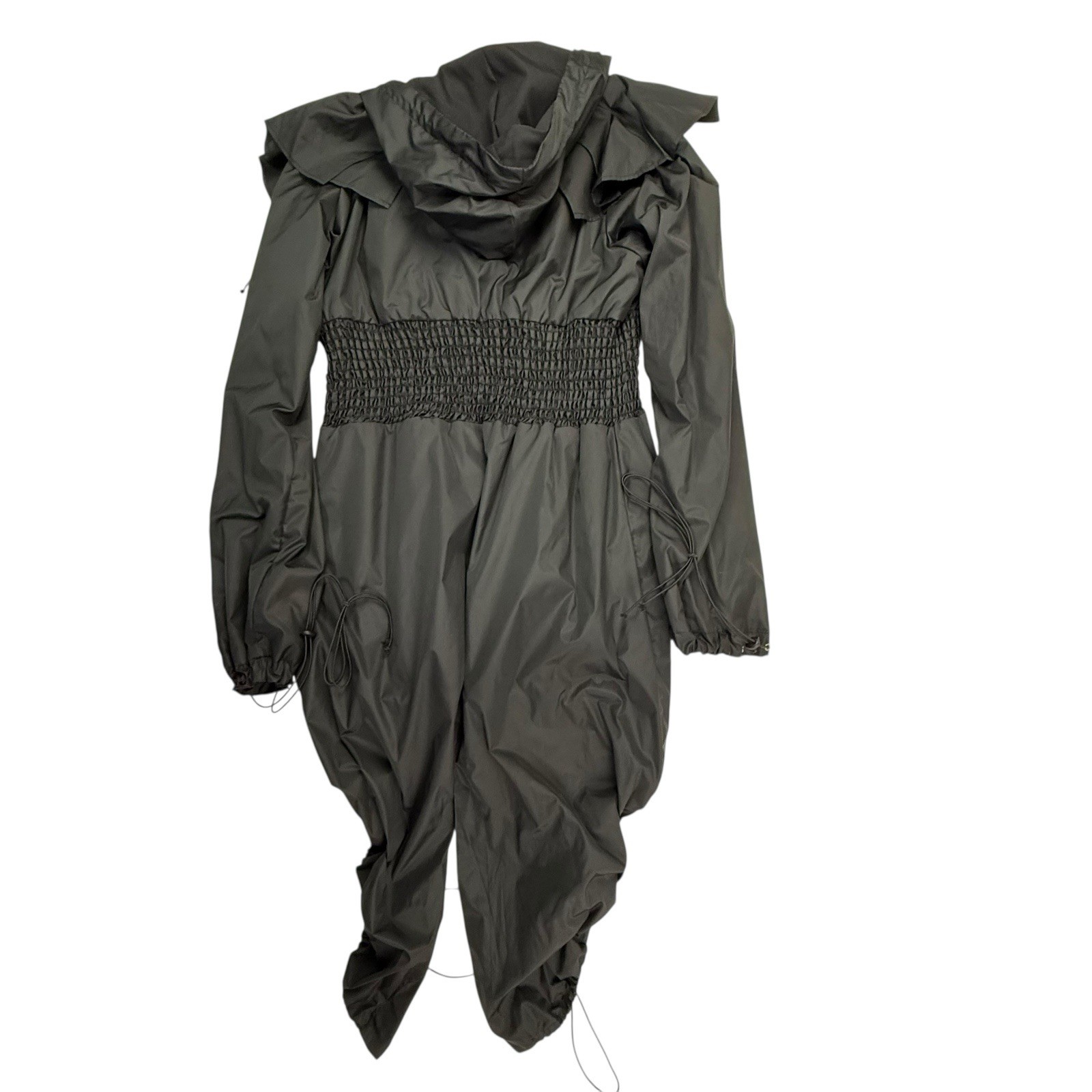 NEW Irregular Exposure Smocked Waist Parachute Jacket Women Large Black Hooded