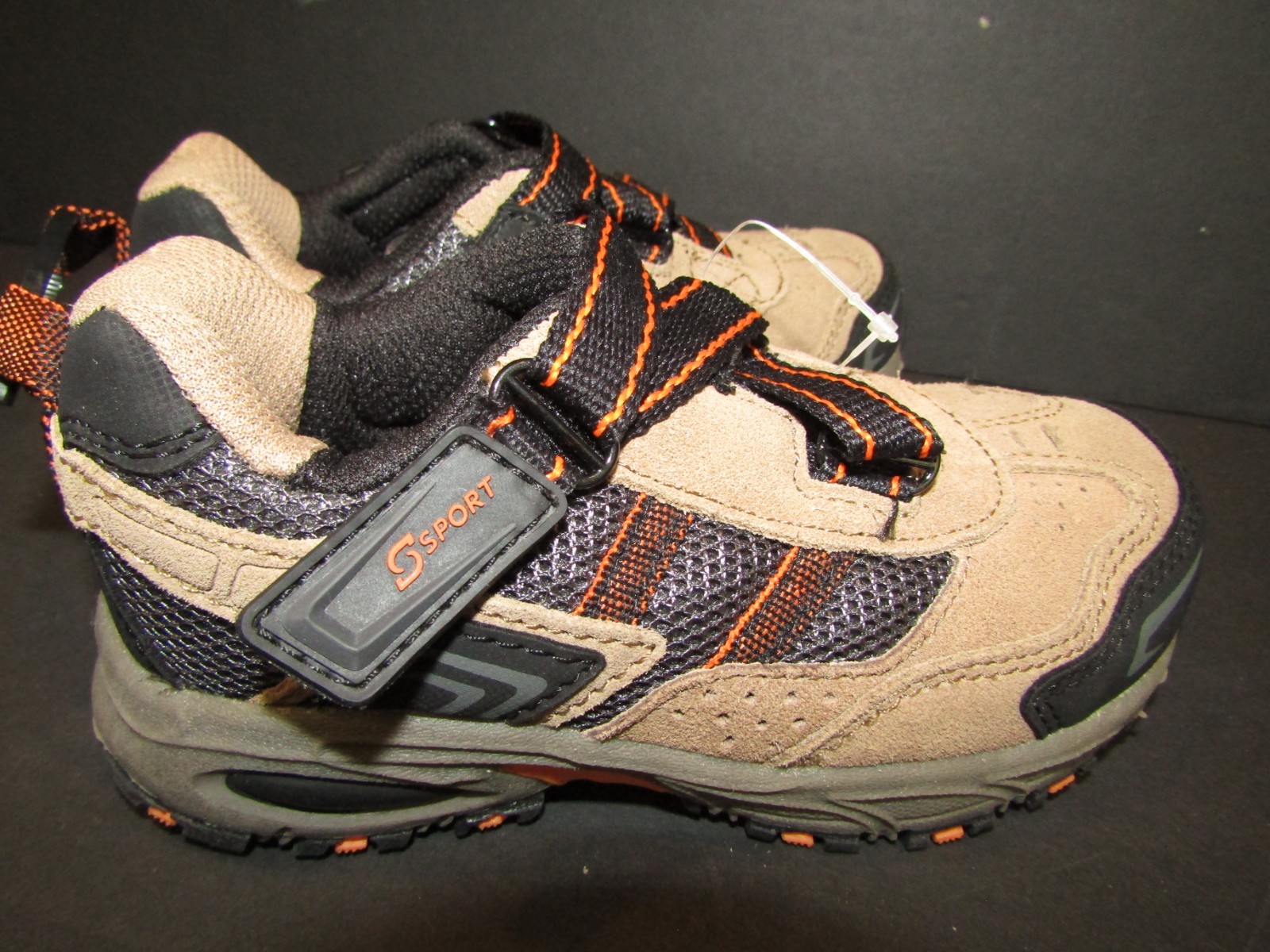 S SPORT GARGONS Boys Size 9 Tan, Black & Orange VELCO CLOSE Hiking SHOES