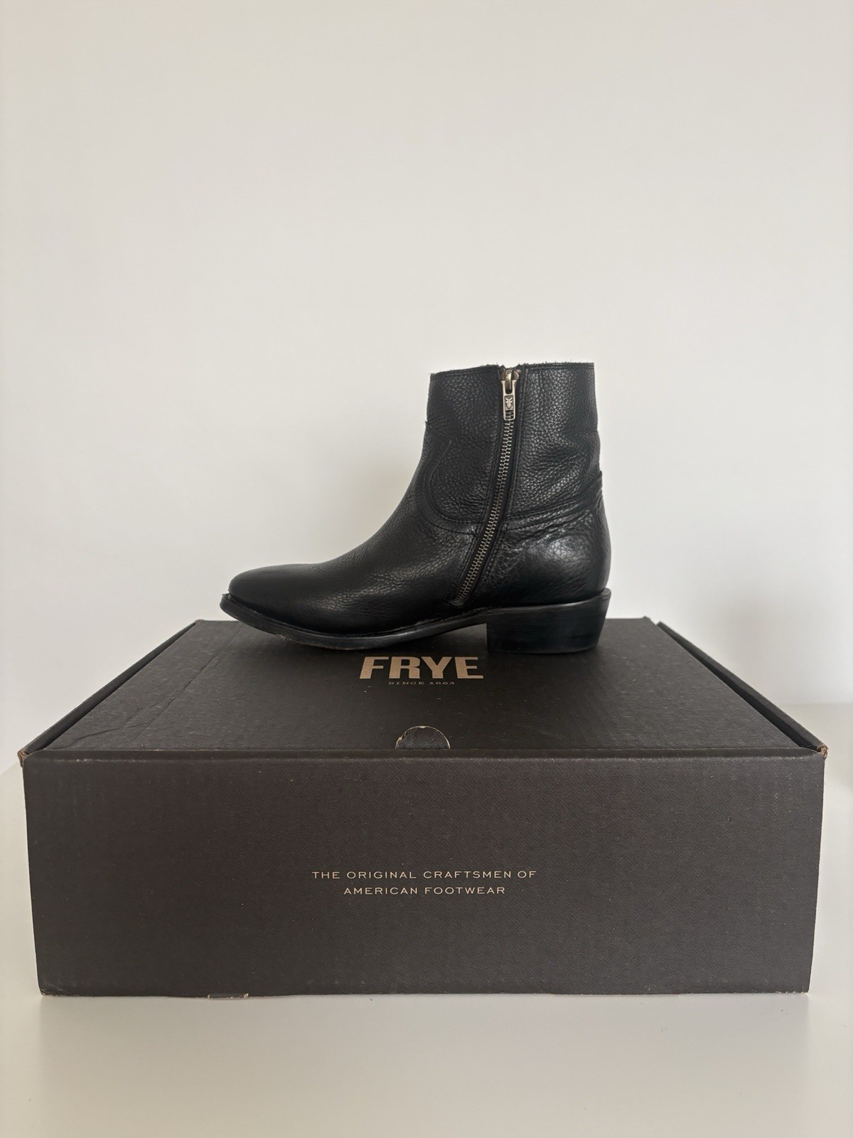 Frye Black Leather Ankle Boots, Zip Closure, Solid, US 8 M