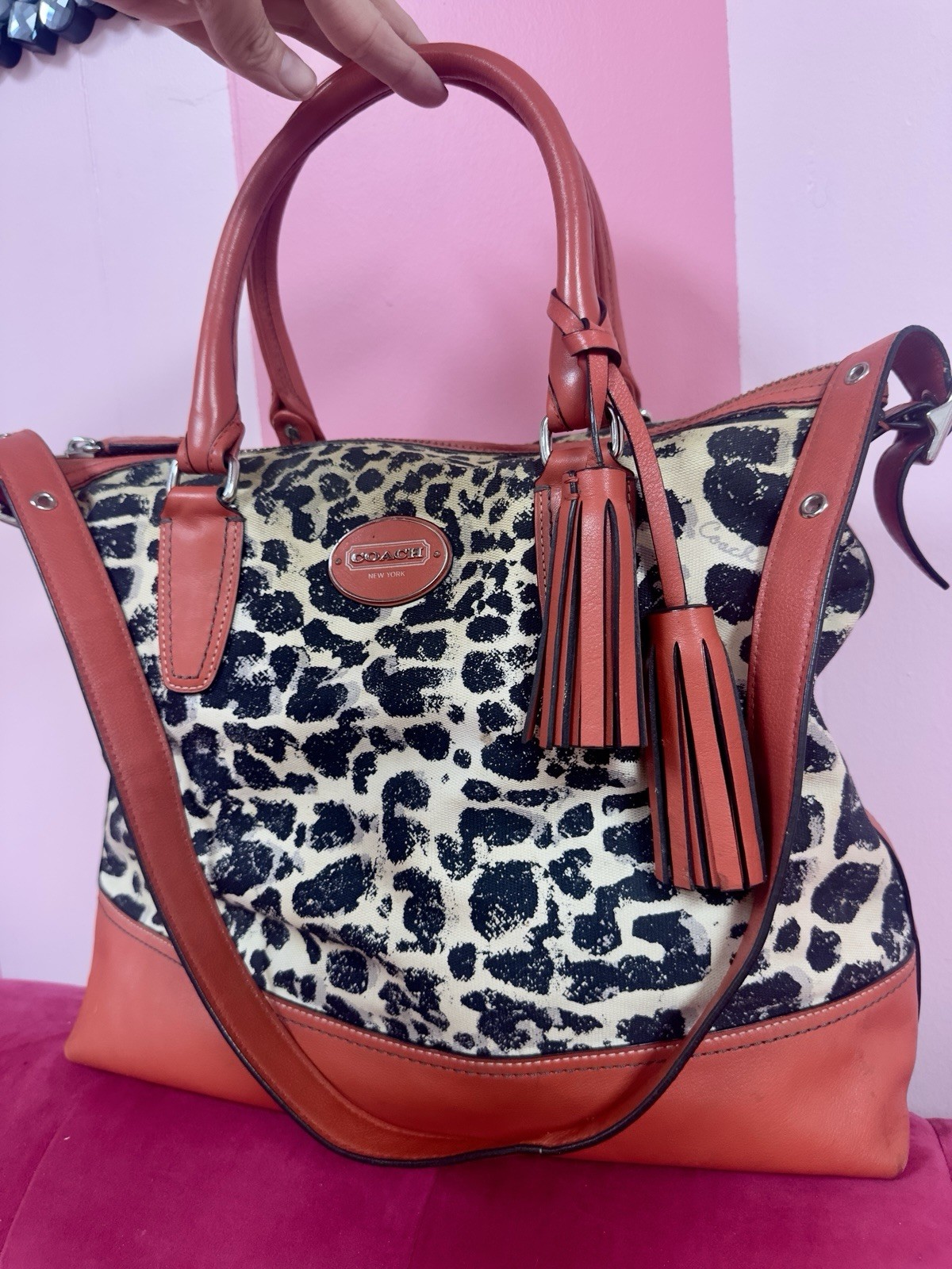 Coach vintageleopard ocelot large satchel top handle zip silver hw w strap rare