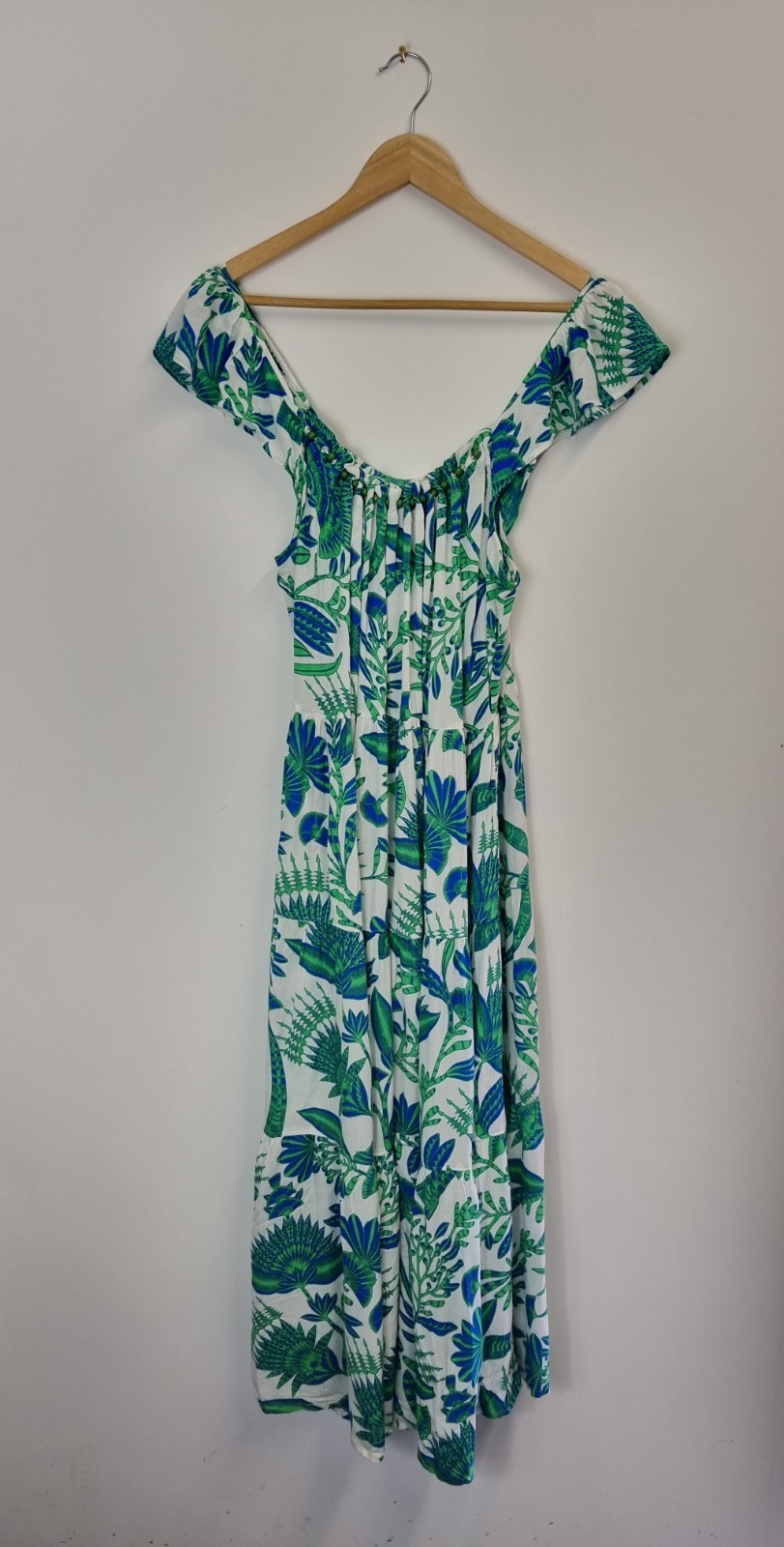 Accessorize 12-14 (M) White Blue Green Fan Print Beaded Tiered Summer Dress