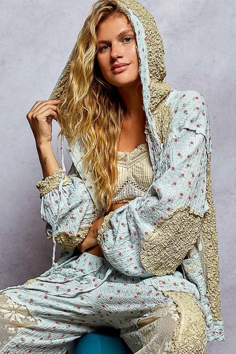 POL LACE Textured Floral Hooded Light Boho Jacket Light Blue crinkle gauze Large