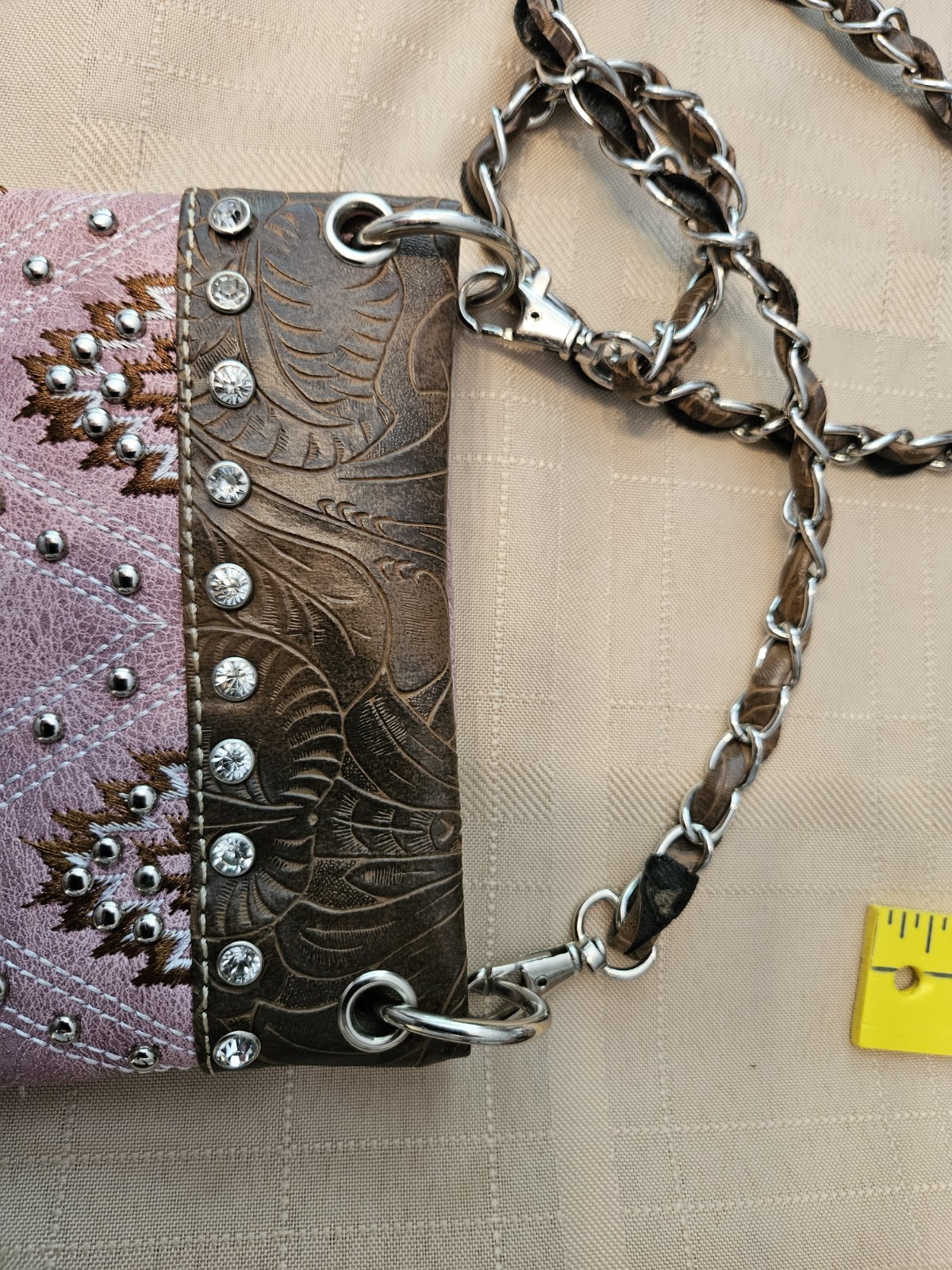 Women’s Pink Embroidered Studded Crossbody Bag Chain Strap Snap
