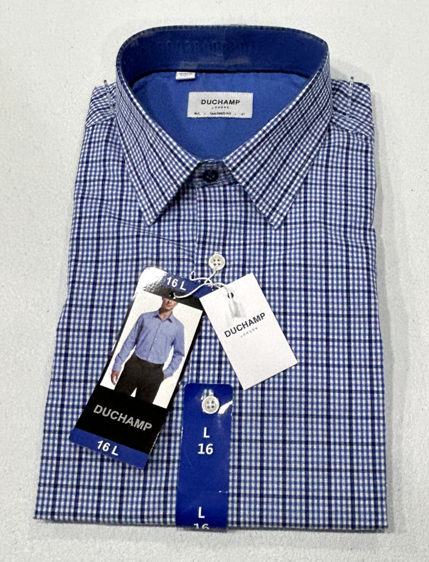 Duchamp London Men’s Tailored Fit Cotton Stretch Shirt, Blue, Size 16 L