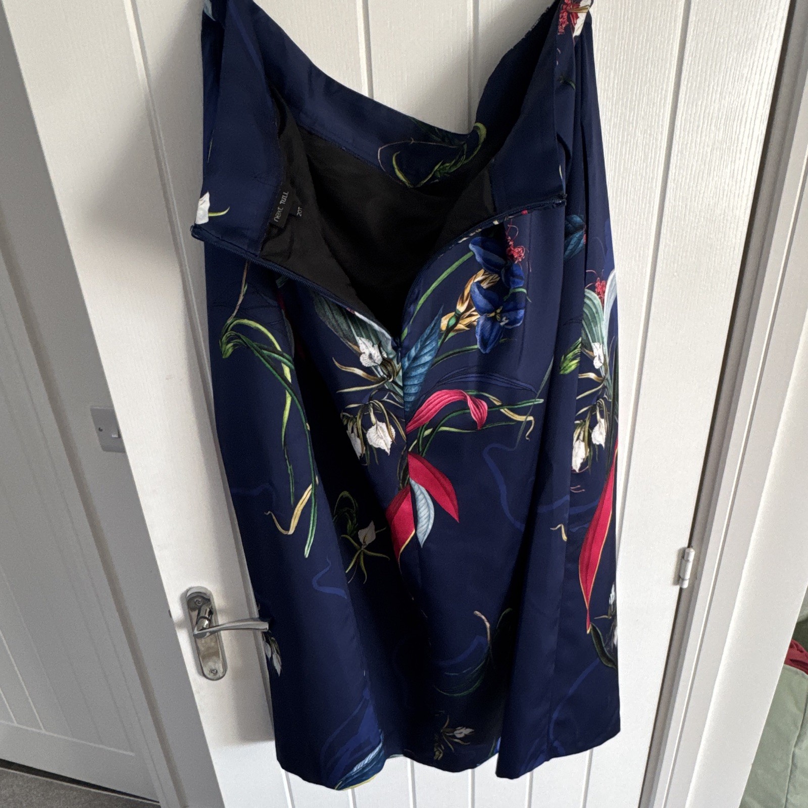NEXT Navy Floral Satin A-Line Midi Lined Zip Skirt Tall UK 20