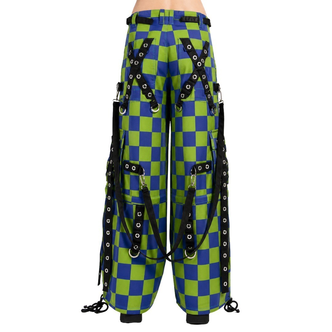 Men’s Cyber Goth Cargo Shorts Green Blue Checkered Bondage Straps Wide Leg Punk