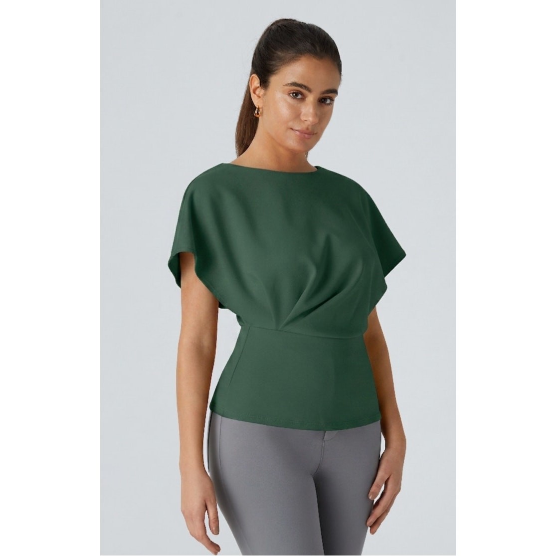 Halara Short Sleeve Work Top Size XS Dark Green Peplum Career Blouse NWT