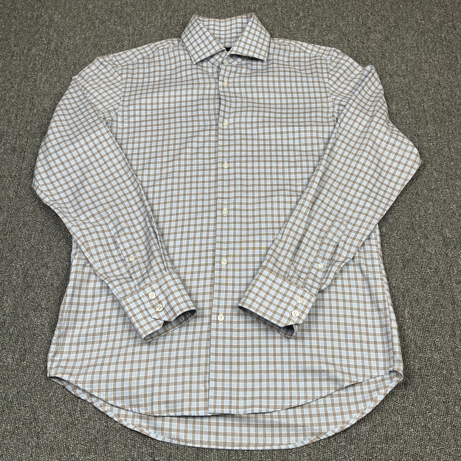 Hugo Boss Shirt Mens 40 Blue Check Gerald Regular Fit Barrel Cuff Easy Iron