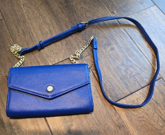 Stella & Maxx Genuine Leather Wallet Crossbody Bag Blue Clutch Gold Chain Strap