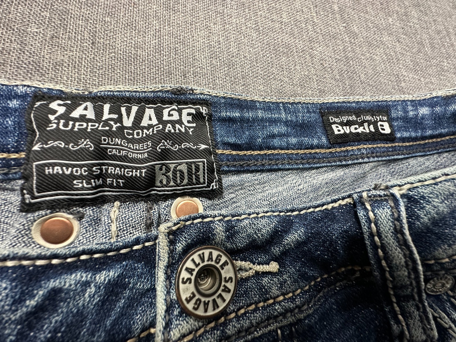 Salvage Supply Havoc Straight Slim Fit Jeans Mens 34×30 Blue Distressed Buckle