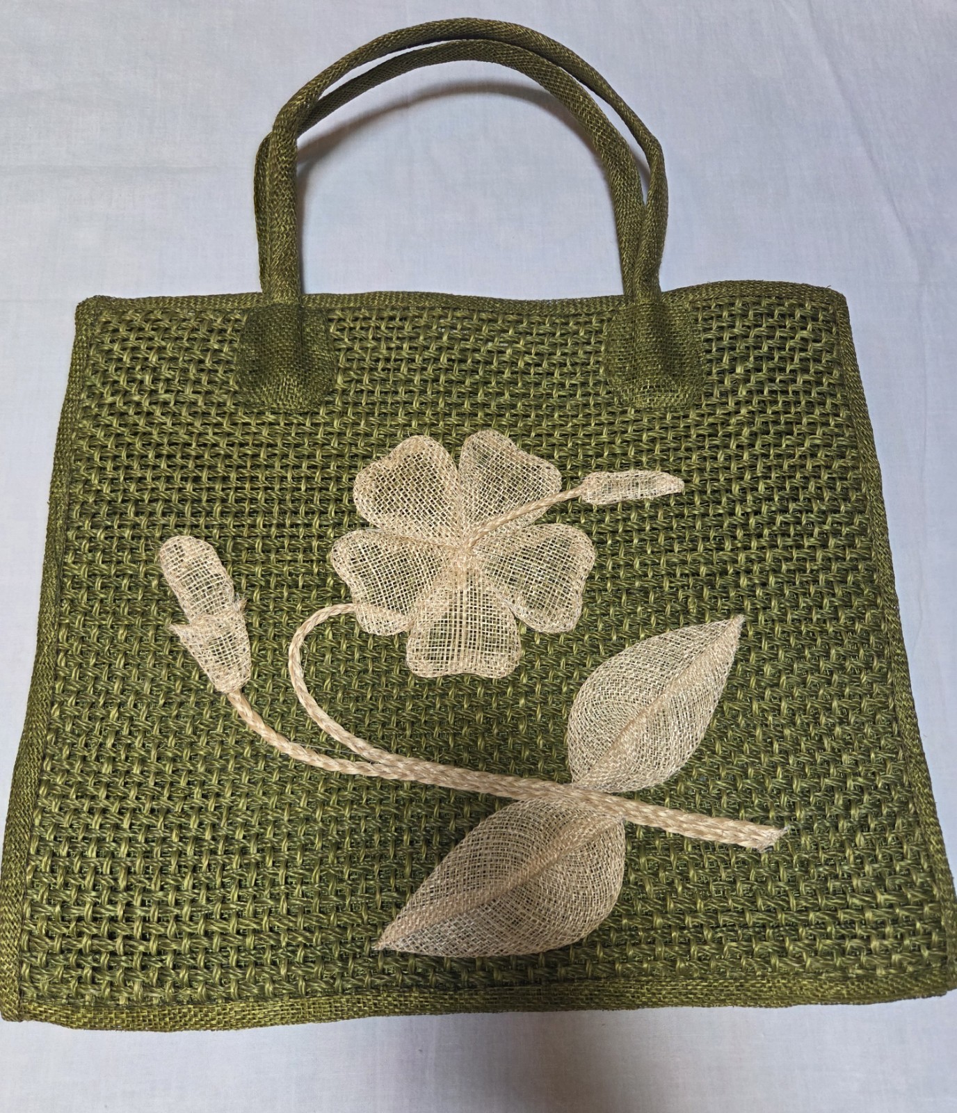Vintage Handmade Philippine 100% Abaca Woven Floral Tote Bag Green