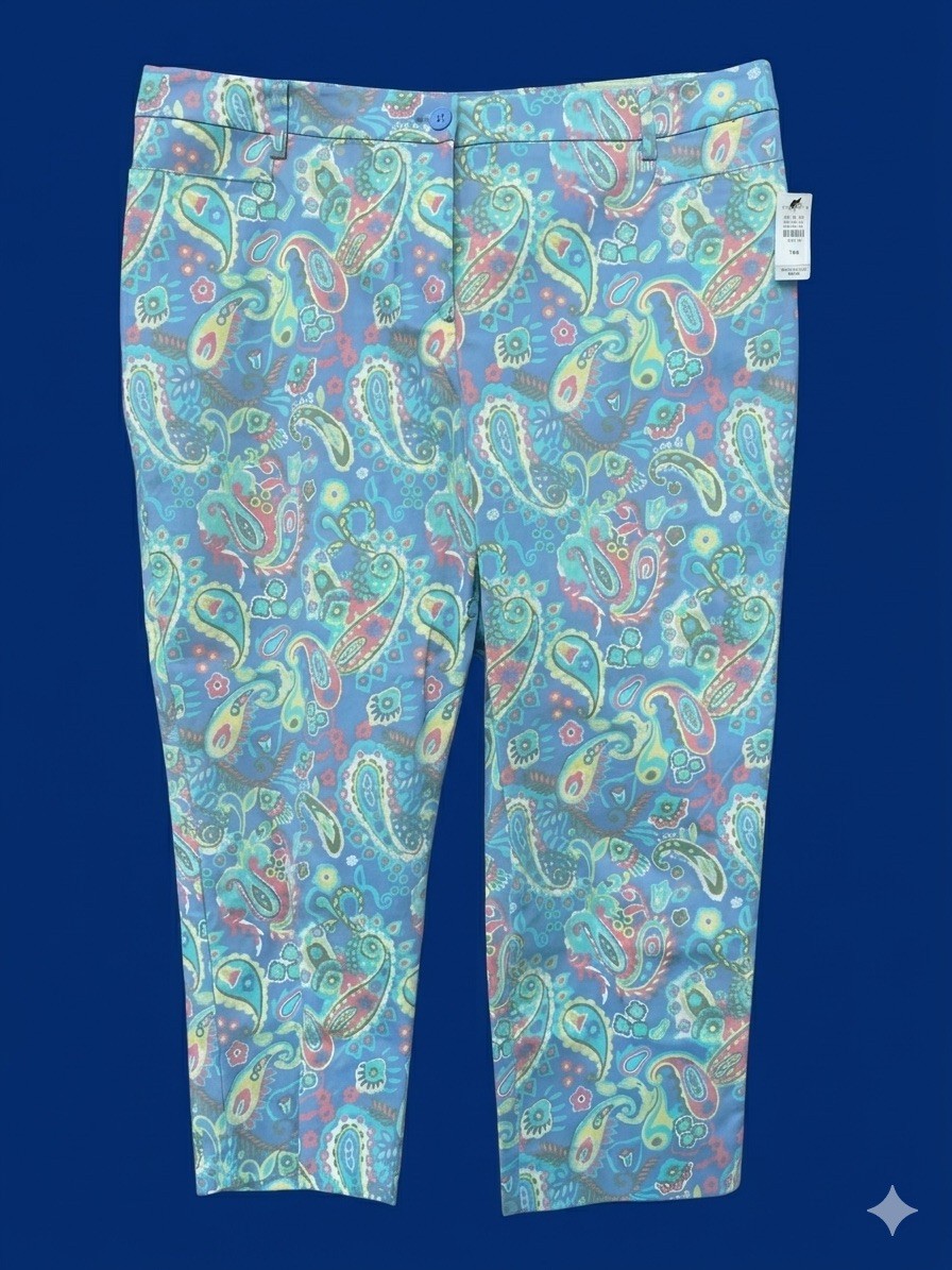 Talbots Women’s Chatham Ankle Pants Blue White Paisley Floral Sz 16 Petite NWT