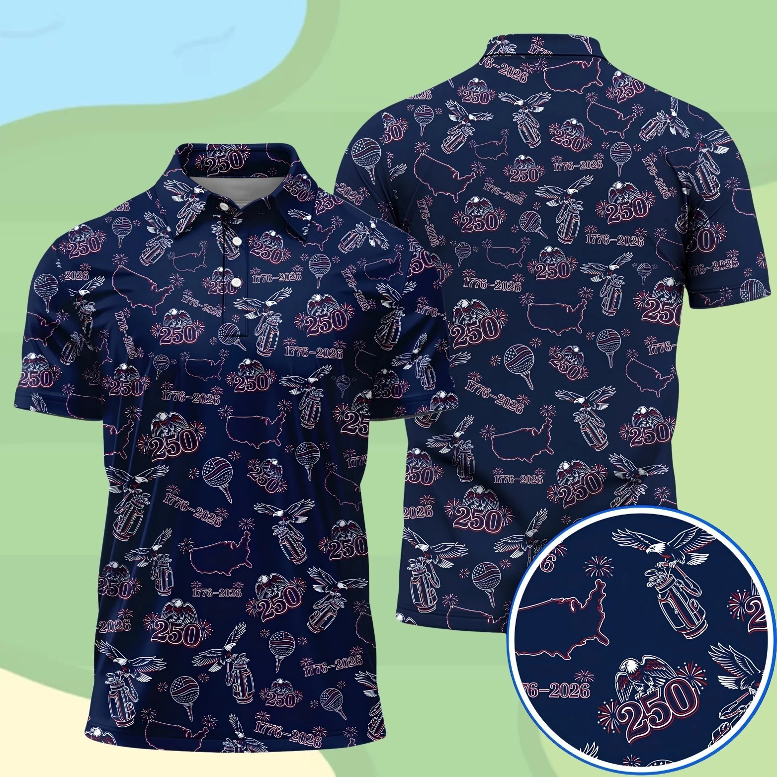 Men Patriotic Eagle & Liberty Golf Shirt USA 250th Anniversary 1776-2026 (S-5XL)