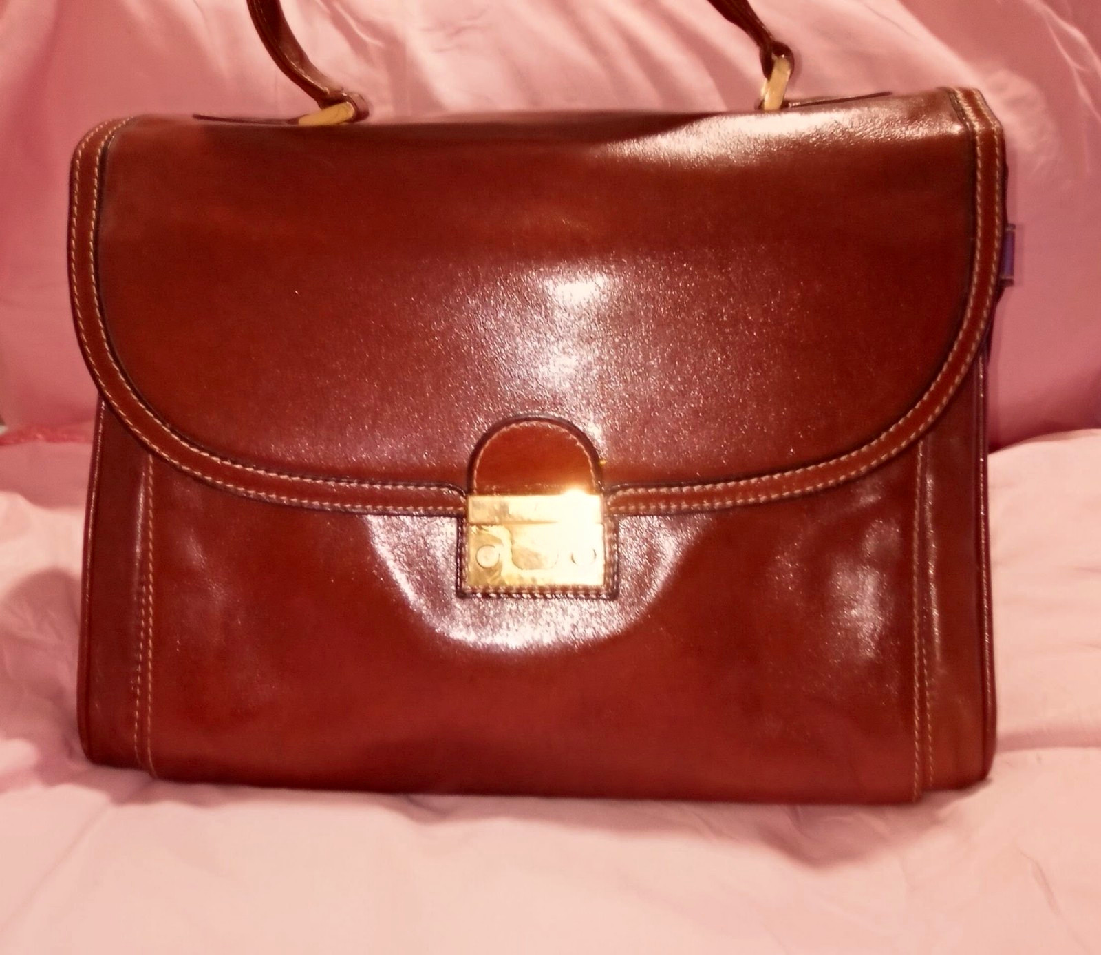 Goldpfeil Brown Top Handle Bag Turn Lock Zip Closure Mirror Gold Hardware