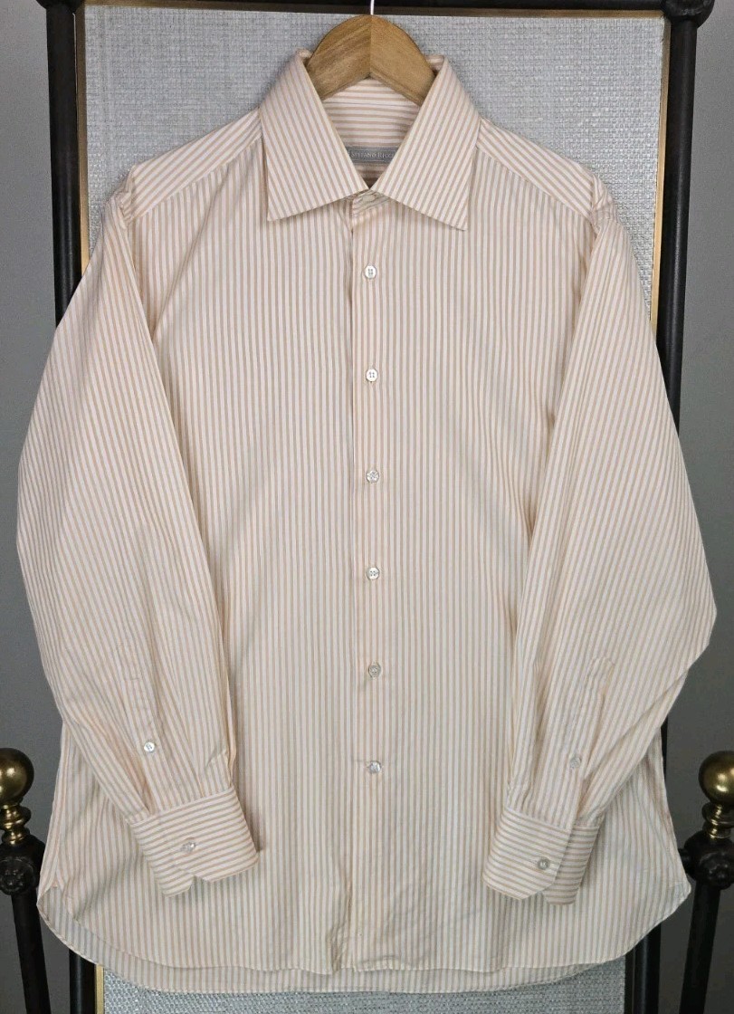 STEFANO RICCI Mens Size Large Made in Italy Shirt Orange Vertical Stripe Cotton