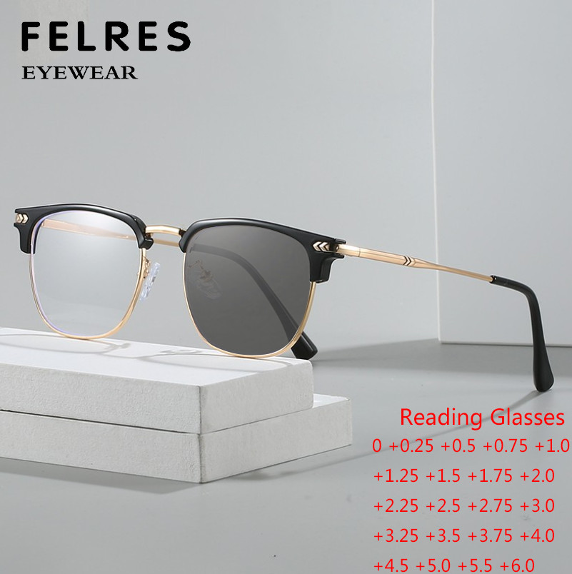 Metal Square Photochromic Reading Glasses For Men Outdoor Fashion Sunglasses New