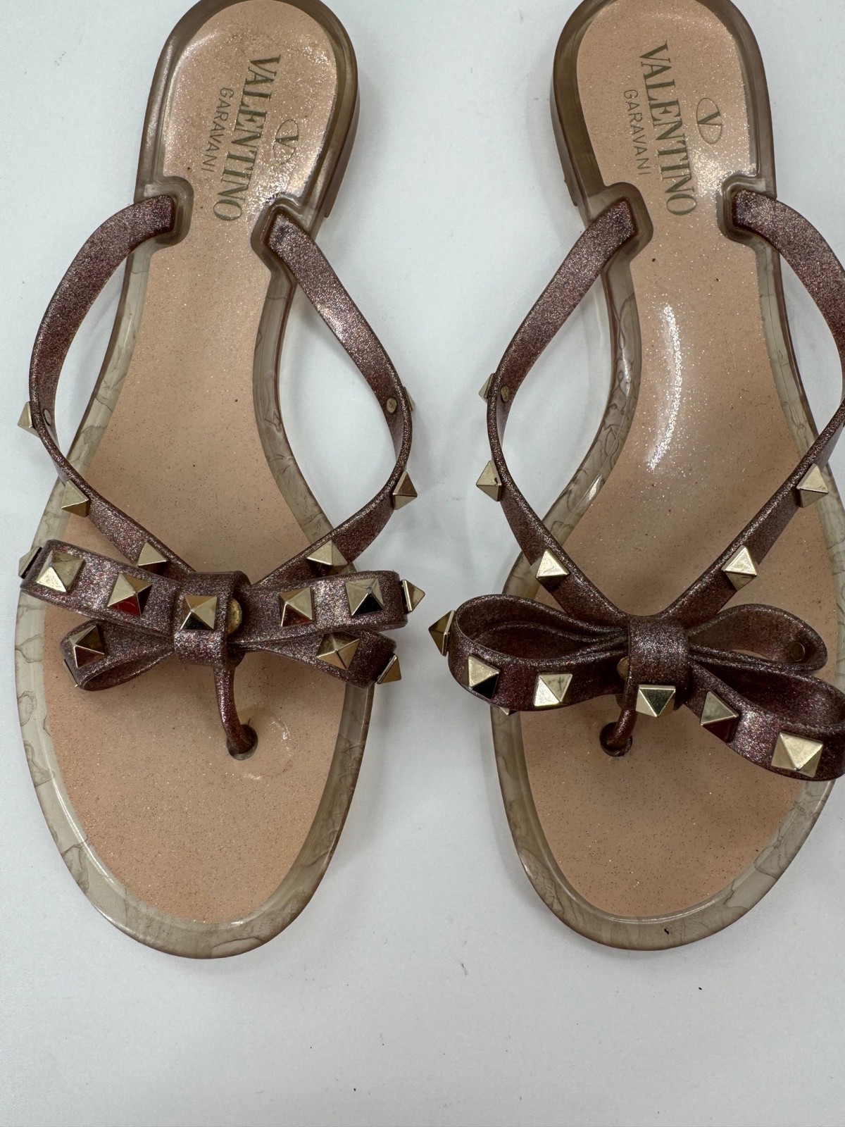 Valentino Garavani Rockstud Bow Jelly Thong Sandals Brown Size 39 US 8.5 Italy