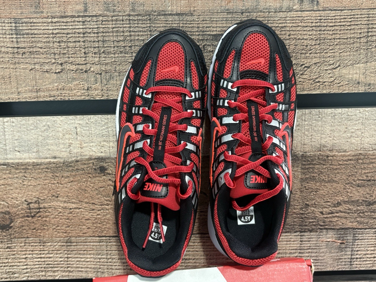 Nike P-6000 GS Red Black Boys Athletic Sneakers 4.5Y Lace Up Mesh Low Top