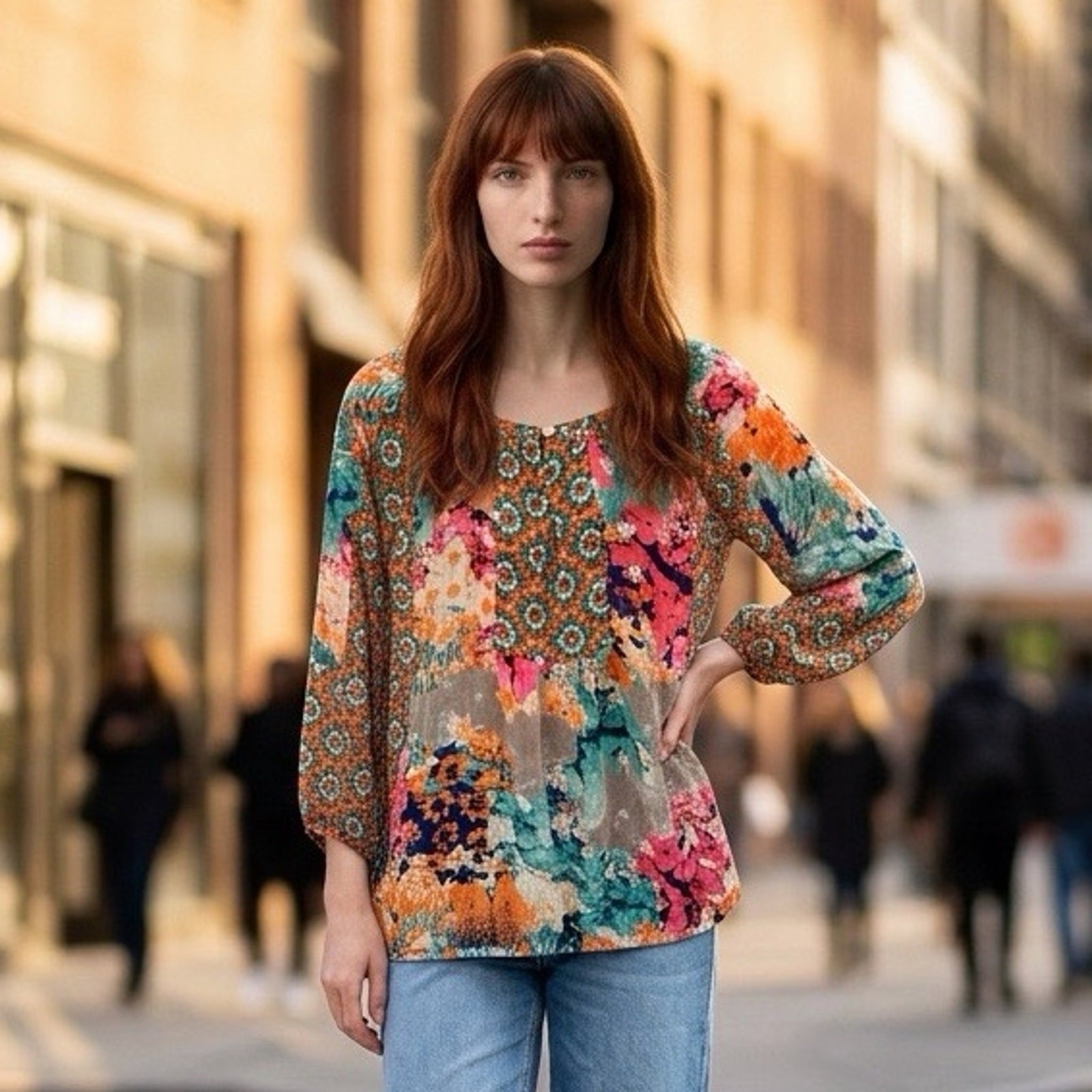 Fig and Flower Boho Floral Mixed Print Peasant Blouse Size Small