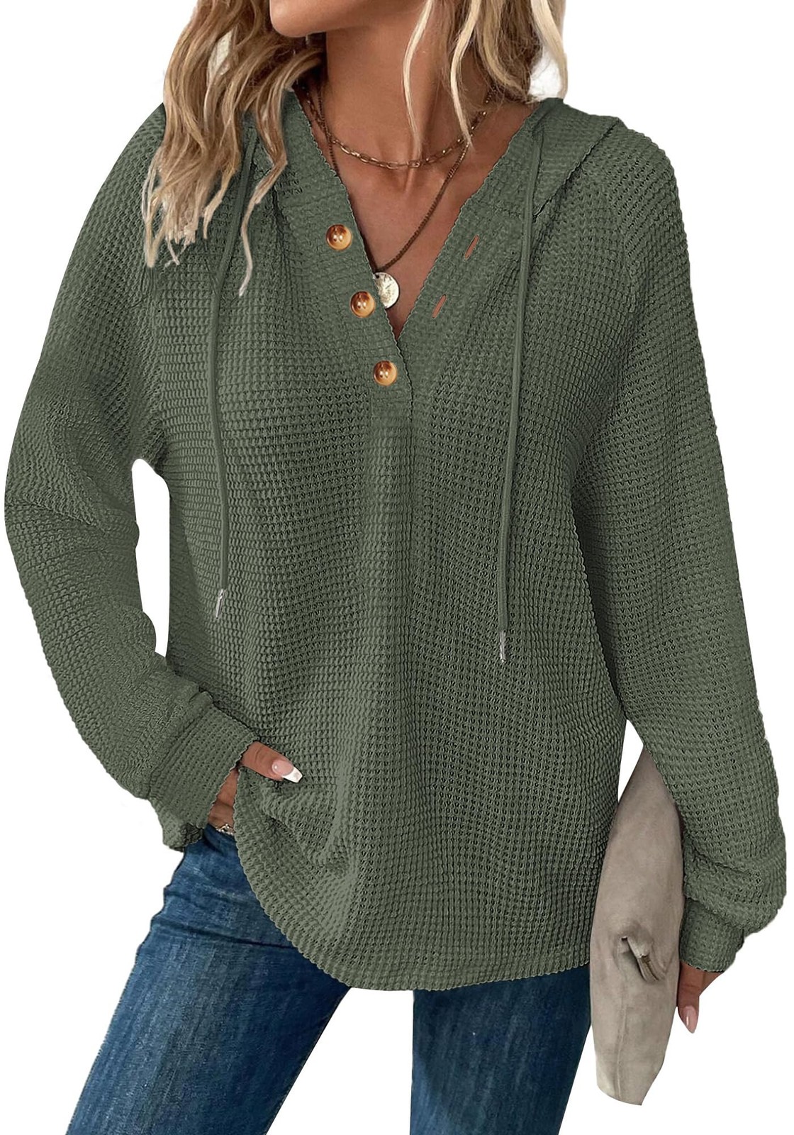Dimur Waffles Knit Pullover Tops Christmas Drawstring Hoodie Medium, Green
