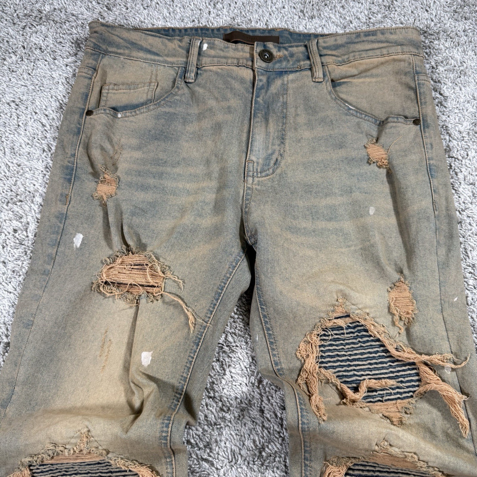 KDNK Jeans Mens Size 34×32 Blue Tan Paint Splatter Distressed Slim Denim Pants