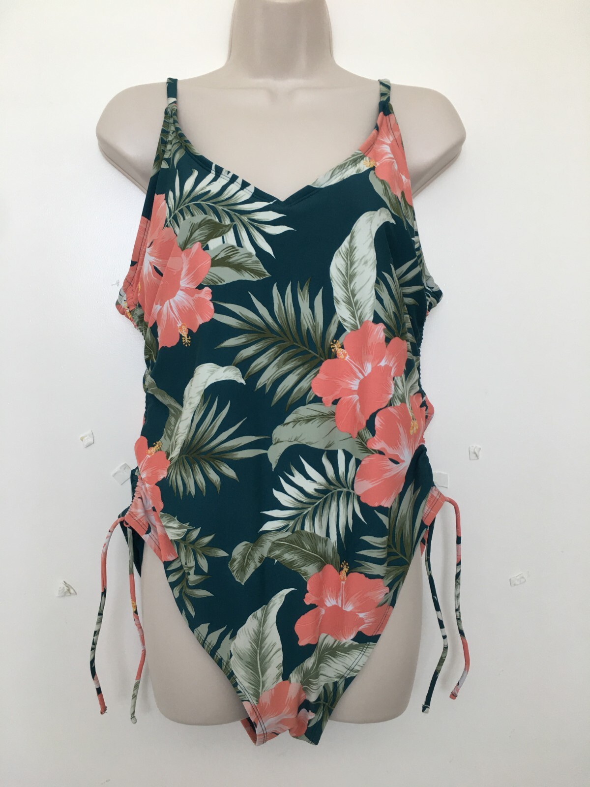 Kona Sol Womens Swimsuit One Piece Swimwear Green Floral Tropical Side Cinch…