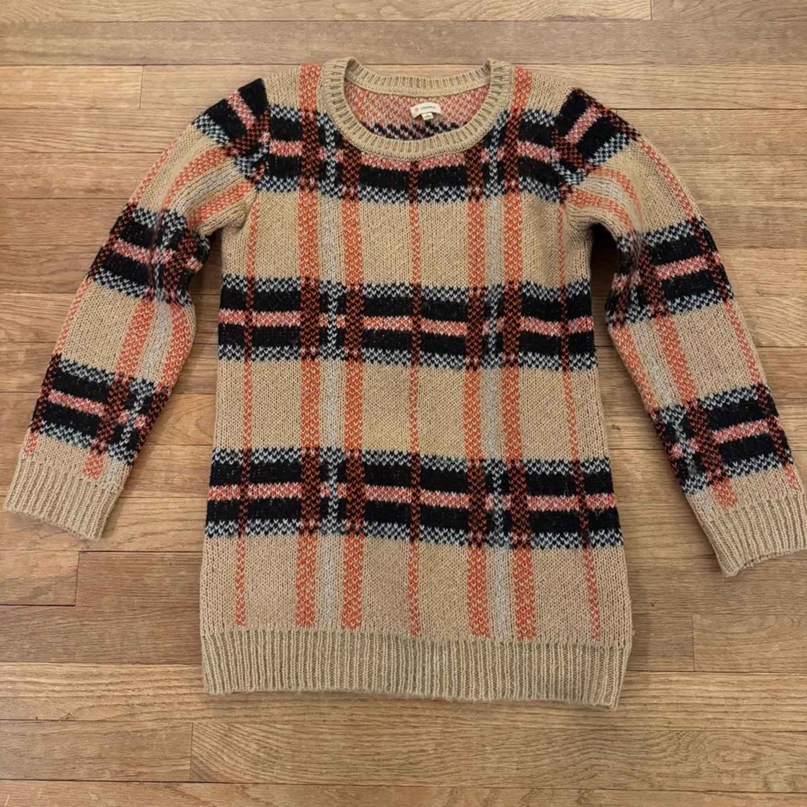 Cremieux Tan Black Orange Plaid Knit Sweater Size Small S b67