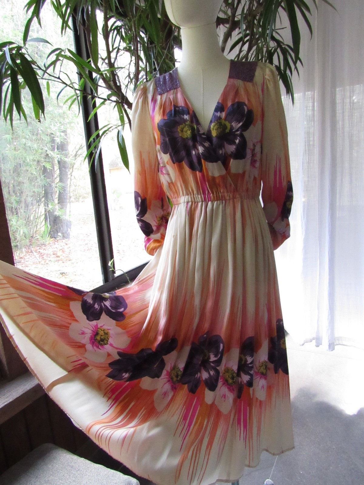 $240 Anthropology Plenty tracy reese Silk DRESS sequins Floral Party Holiday Vtg