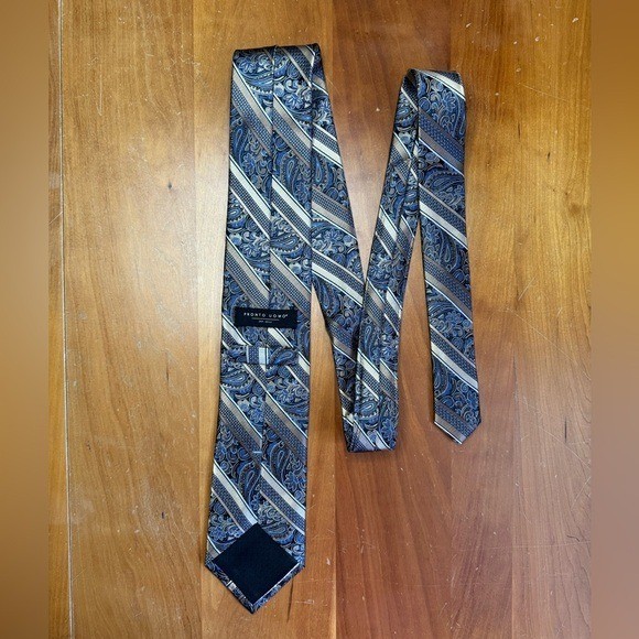 Pronto Uomo Mens Silk Tie Blue Gold Silver Paisley Striped Woven Necktie