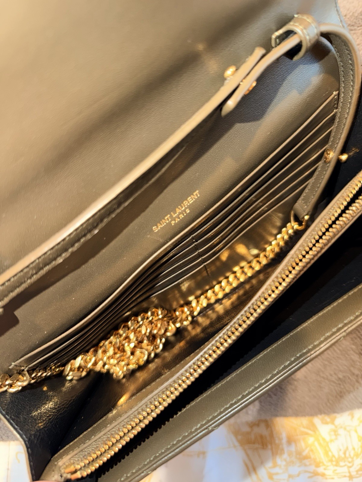 YSL Monogram Envelope Chevron Quilted Chain Wallet Crossbody Dark Green